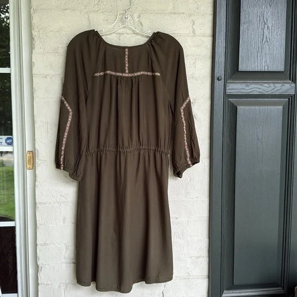 Anthropologie Edme and Esyllte Olive Peasant Boho  Dress W Ribbon Trim Medium - Picture 7 of 12